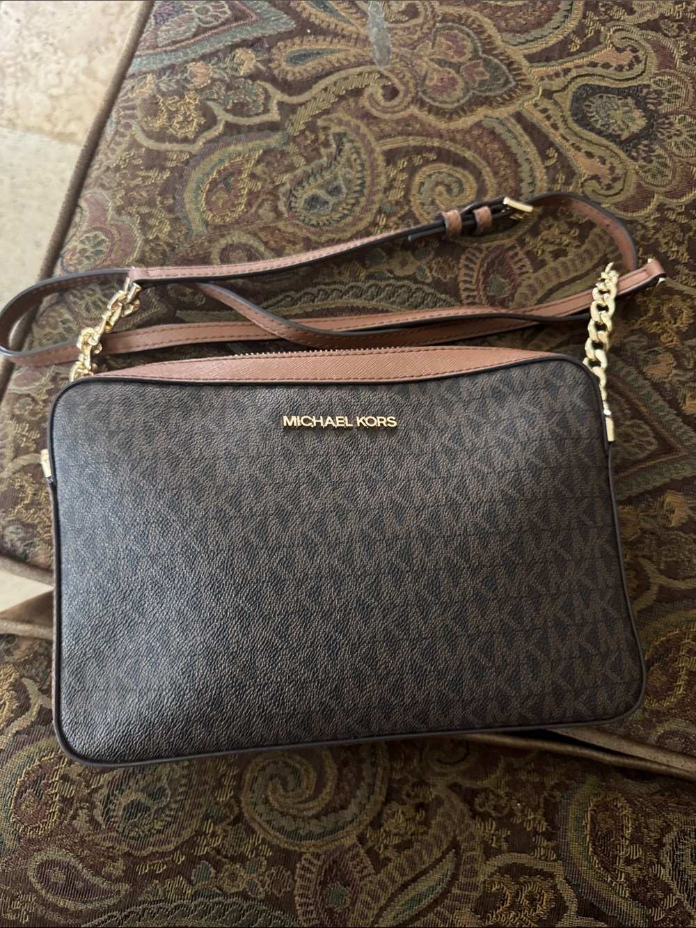 Michael Kors Brown and Gold Logo-Print Jet set Crossbody